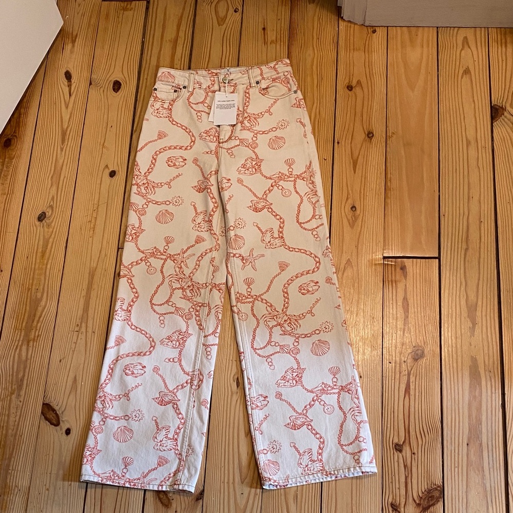 NWT Ganni Print Denim Magny Ecru Straight Leg Jeans, Sz 27